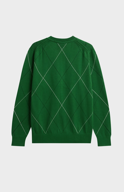 Men's Cotton And Silk Raker Stitch Crew Neck Jumper In Green & Ecru