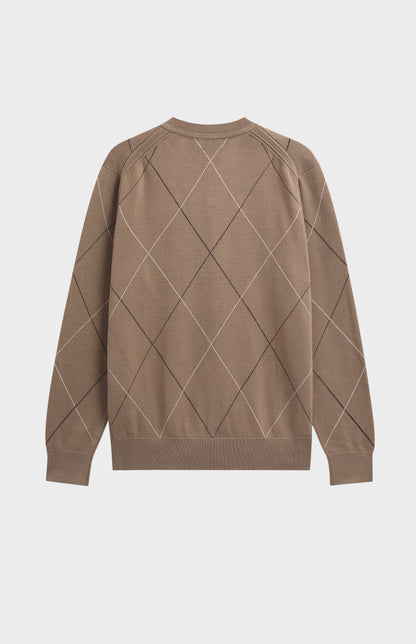 Men's Cotton And Silk Raker Stitch Crew Neck Jumper In Mushroom & Ecru