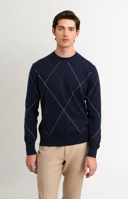 Men's Cotton And Silk Raker Stitch Crew Neck Jumper In Navy & Red
