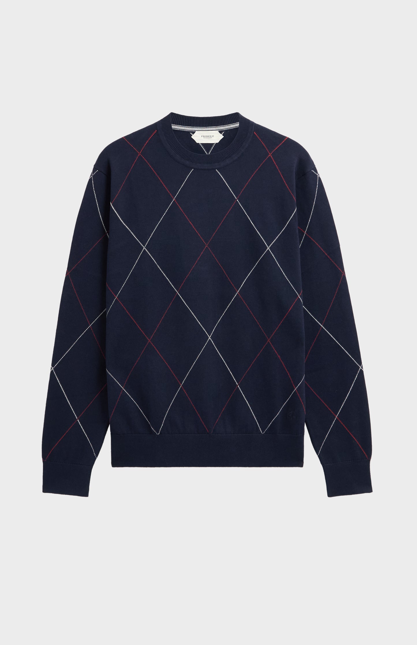 Men's Cotton And Silk Raker Stitch Crew Neck Jumper In Navy & Red