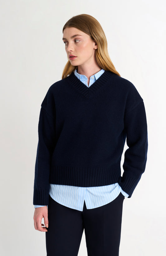 Womens V Neck Chunky Cashmere Jumper In Navy Melange