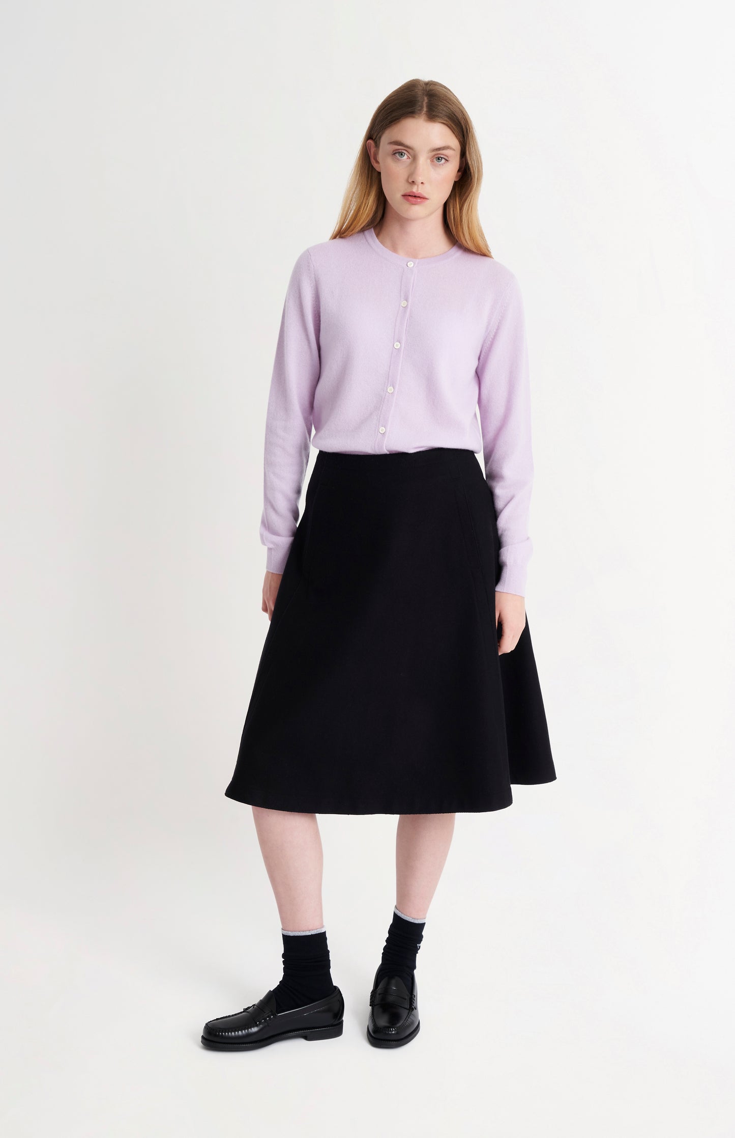 Pringle of Scotland Women's Cashmere Cardigan In Lilac on standing model