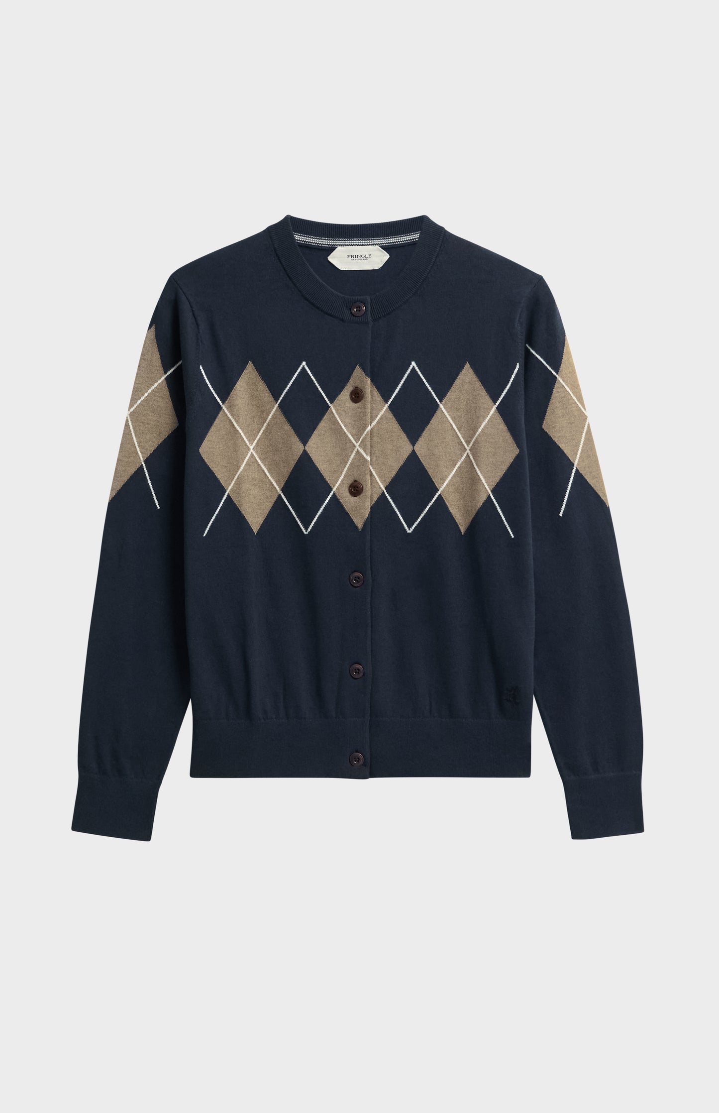Women's Cashmere And Cotton Crew Neck Argyle Cardigan In Navy, Mushroom & White