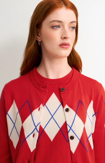 Women's Cashmere And Cotton Crew Neck Argyle Cardigan In Red, White & Blue