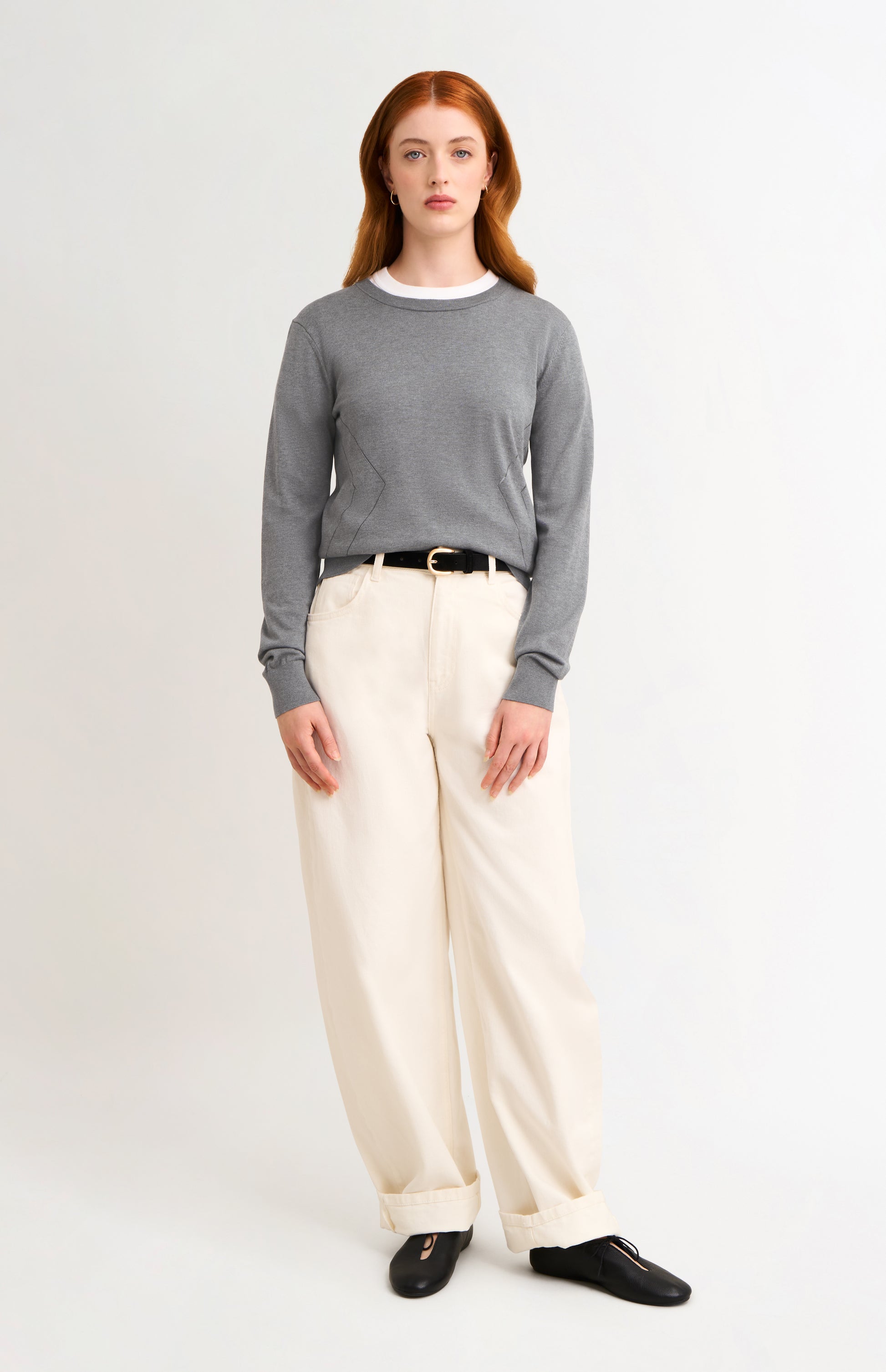 Women's Superfine Silk Blend Pointelle Crew Neck Jumper in Grey Melange