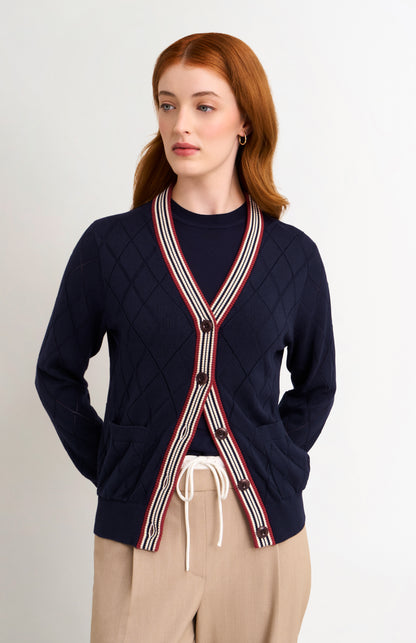 Women's Silk Blend Textured Argyle Cardigan In Navy