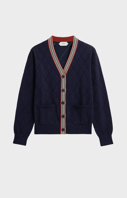 Women's Silk Blend Textured Argyle Cardigan In Navy