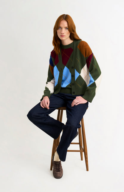 Pringle Women's Supersoft Argyle Cardigan in Olive Green / Multi on sitting model