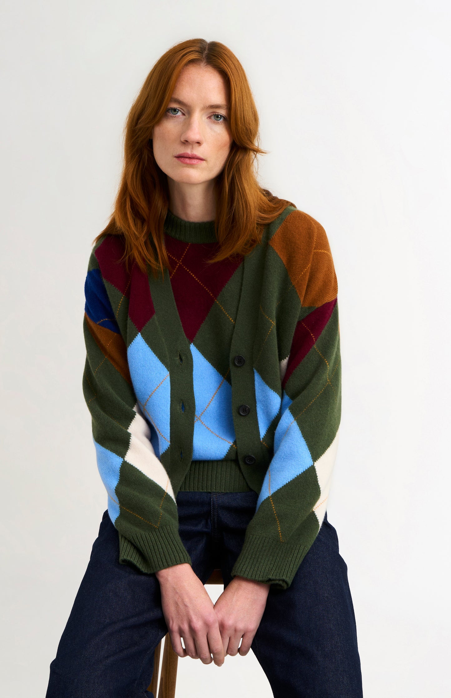 Pringle Women's Supersoft Argyle Cardigan in Olive Green / Multi on model