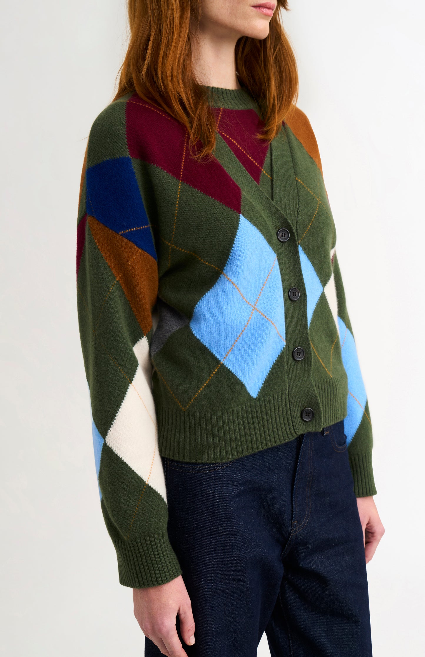 Pringle Women's Supersoft Argyle Cardigan in Olive Green / Multi showing button detail