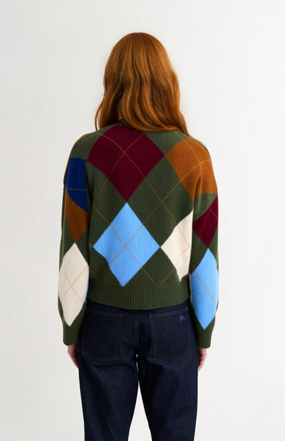 Pringle Women's Supersoft Argyle Cardigan in Olive Green / Multi rear view