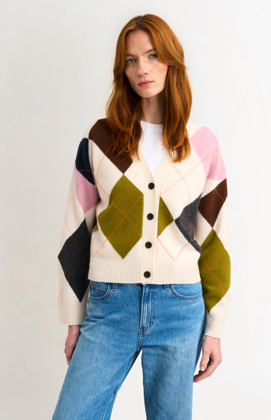 Pringle Women's Supersoft Lambswool Argyle Cardigan in Ecru / Multi on model