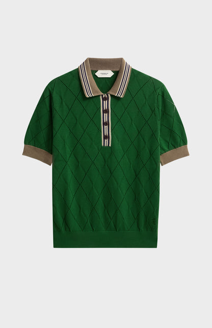 Women's Silk Blend Textured Polo Neck Argyle T-shirt In Green