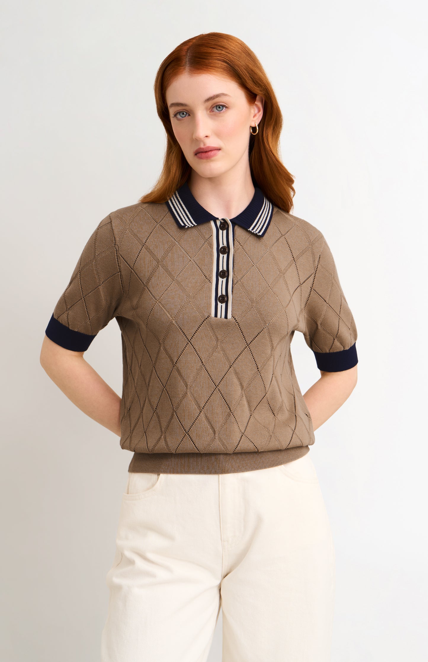 Women's Silk Blend Textured Polo Neck Argyle T-shirt In Mushroom