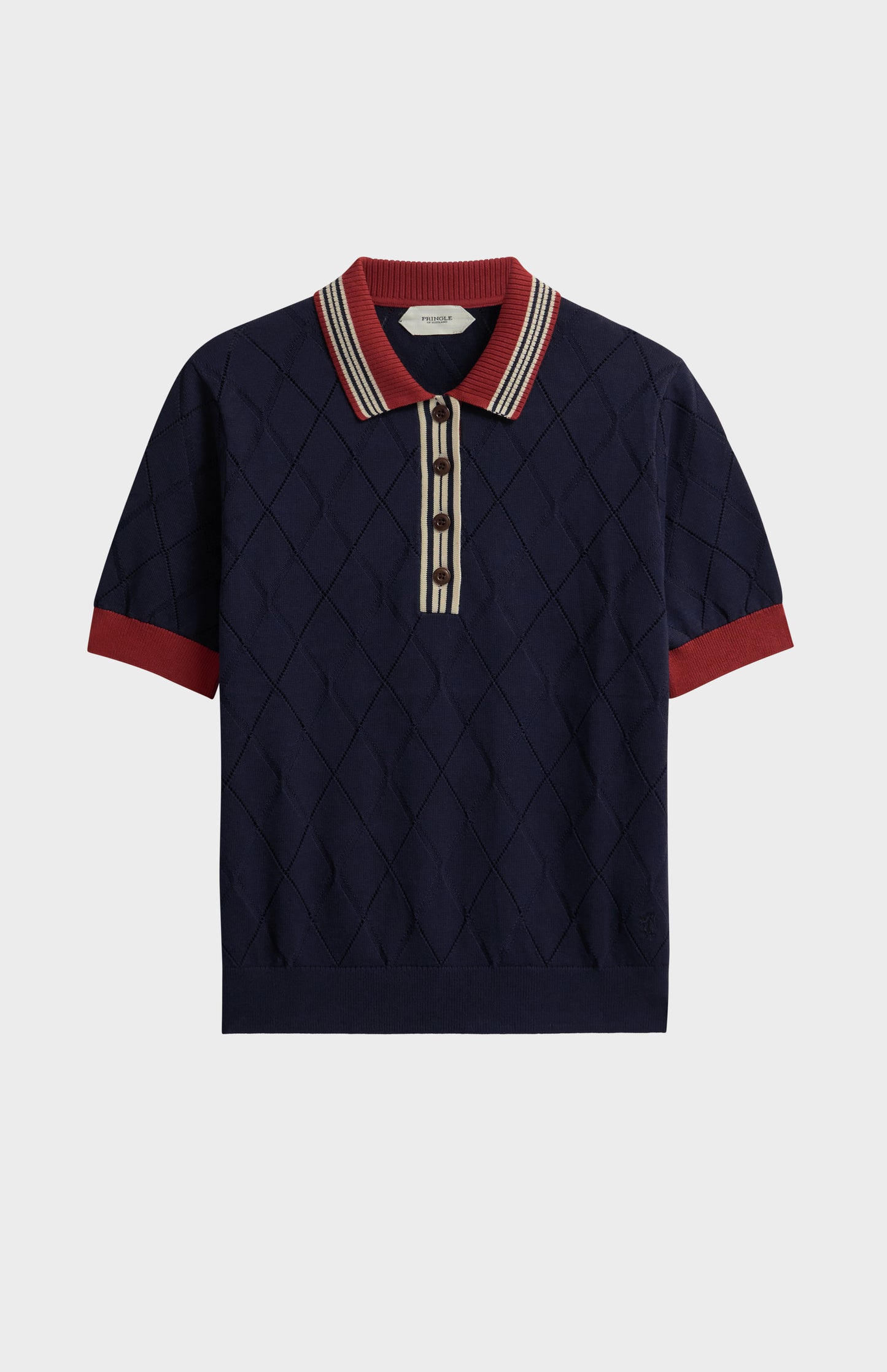 Women's Silk Blend Textured Polo Neck Argyle T-shirt In Navy