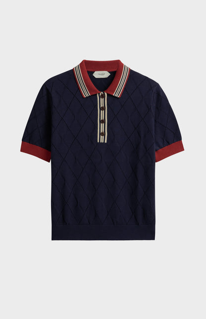 Women's Silk Blend Textured Polo Neck Argyle T-shirt In Navy