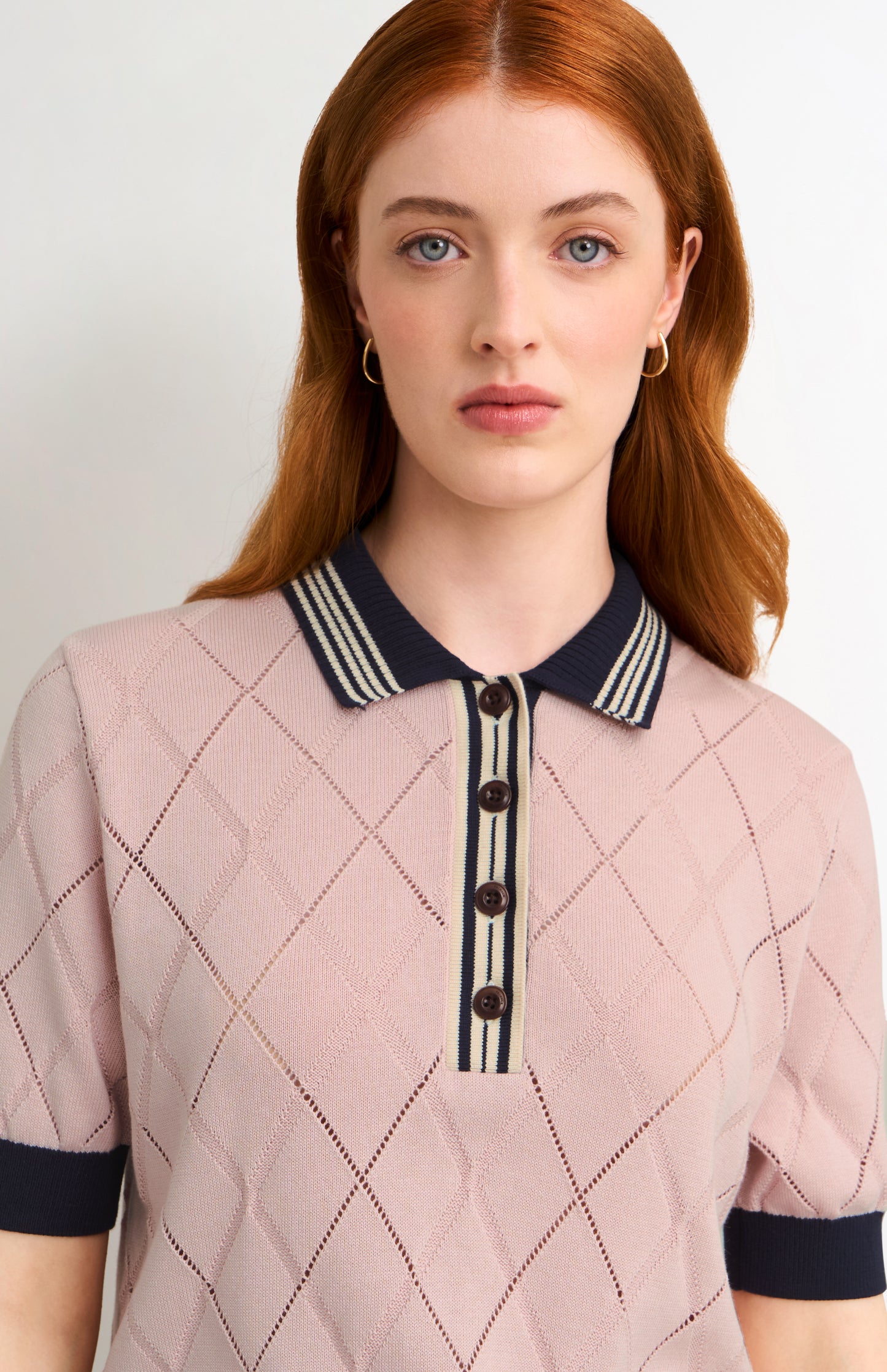 Women's Silk Blend Textured Polo Neck Argyle T-shirt In Light Pink
