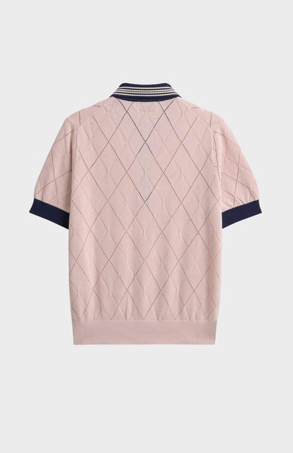 Women's Silk Blend Textured Polo Neck Argyle T-shirt In Light Pink