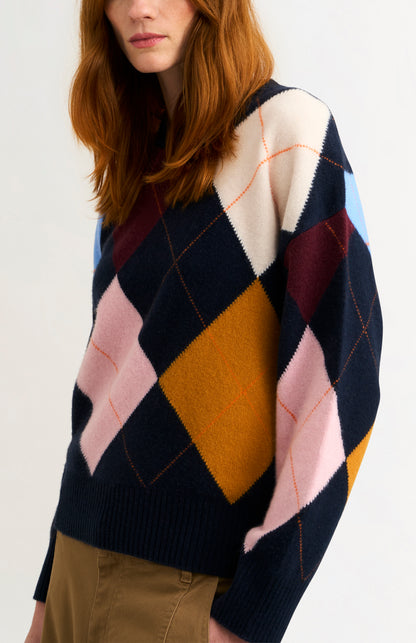 Pringle Women's Crew Neck Lambswool Argyle Jumper in Navy / Multi showing argyle detail