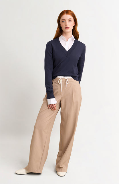 Women's Superfine Silk Blend Pointelle V Neck Jumper In Navy Blue