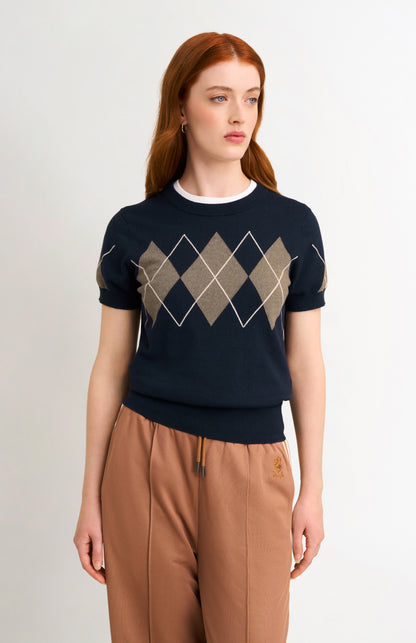 Women's Cashmere And Cotton Crew Neck Argyle T-shirt In Navy, Mushroom & White