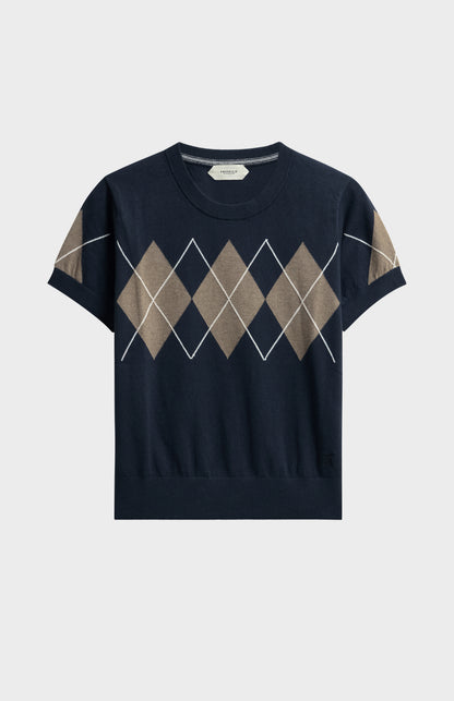 Women's Cashmere And Cotton Crew Neck Argyle T-shirt In Navy, Mushroom & White