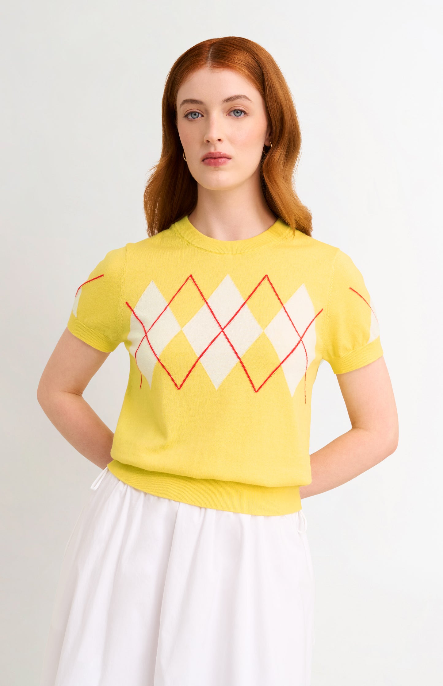 Women's Cashmere And Cotton Crew Neck Argyle T-shirt In Yellow, White & Red