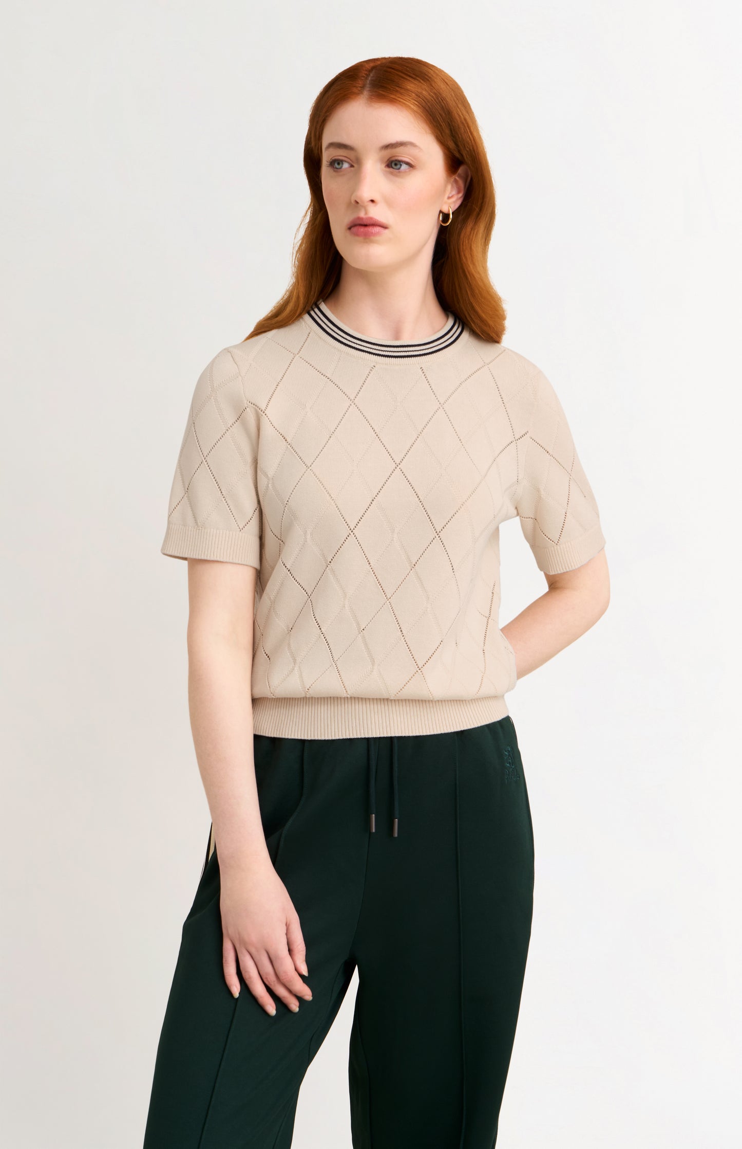 Women's Silk Blend Textured Argyle Crew Neck T-shirt In Ecru