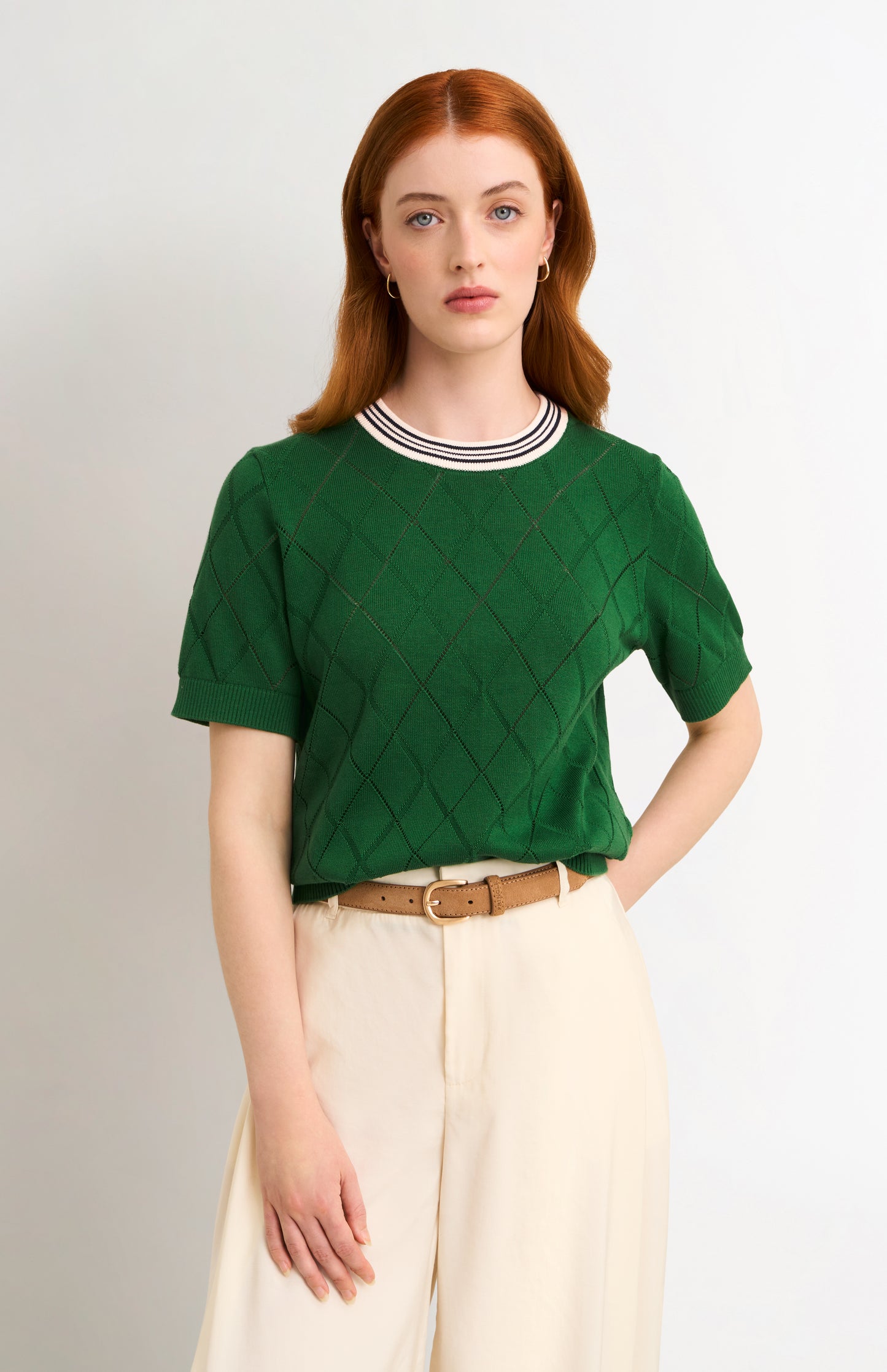 Women's Silk Blend Textured Argyle Crew Neck T-shirt In Green
