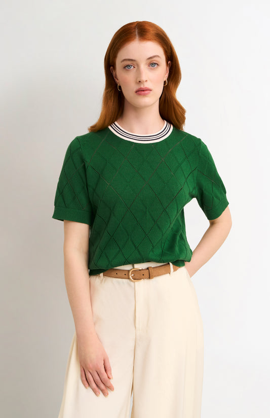 Women's Silk Blend Textured Argyle Crew Neck T-shirt In Green