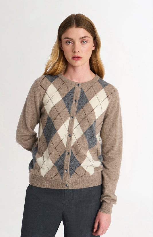 Women's Crew Neck Cashmere Argyle Cardigan In Mushroom / Grey / Yellow