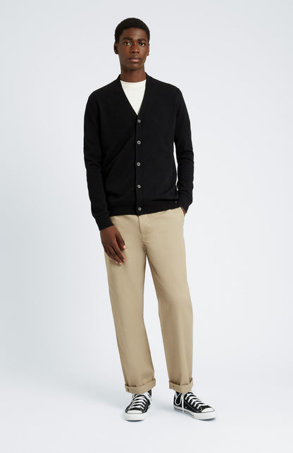 Pringle of Scotland Men's Cashmere Cardigan in Black. Full Front Look on model