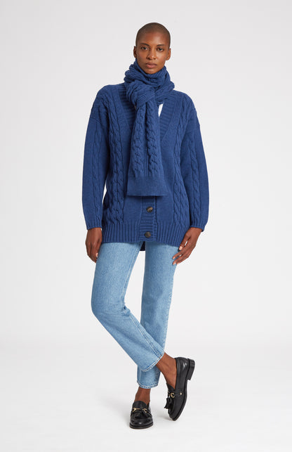 Rib and Cable Wool Scarf in Storm Blue on model full length- Pringle of Scotland 