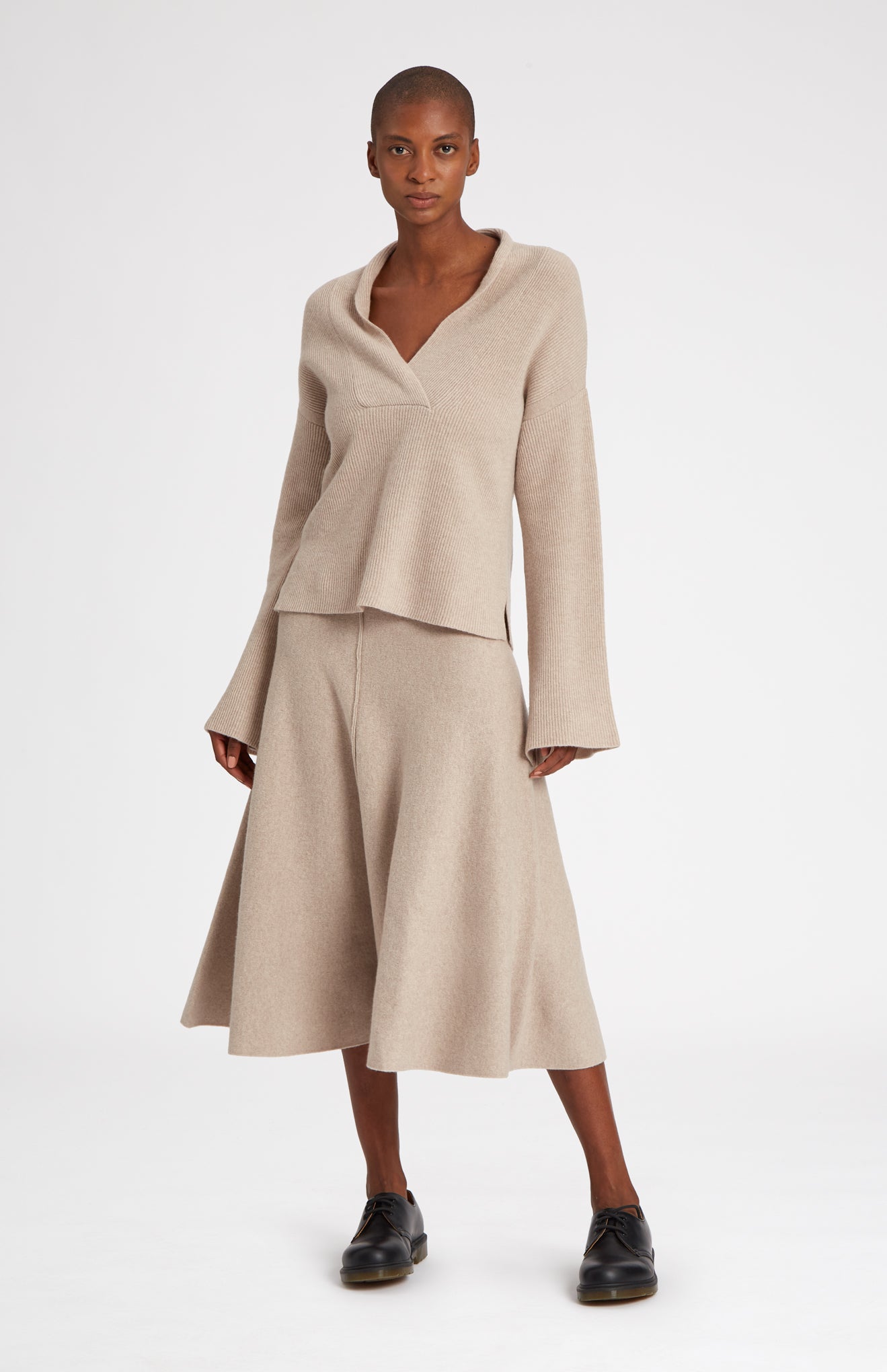 Cashmere Blend Midi Skirt In Stone Melange on model - Pringle of Scotland